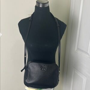 Tory Burch Signature Logo Black Pebbled Leather Crossbody Bag